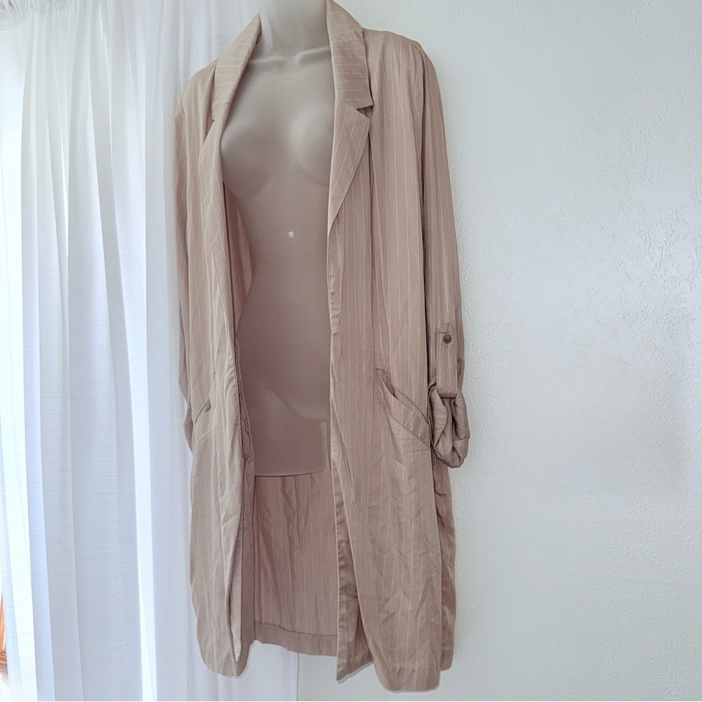 100% Rayon Tan Love Tree cardigan Coat with Shawl Collar and Open Front Size L